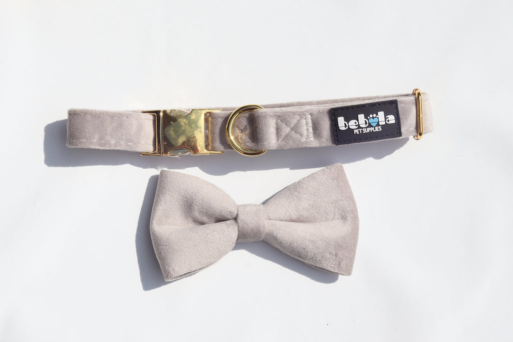 Set Collare, Fiocco, Guinzaglio e Poop Bag in Morbido Velluto Grigio – Eleganza e Comfort per il Tuo Cane